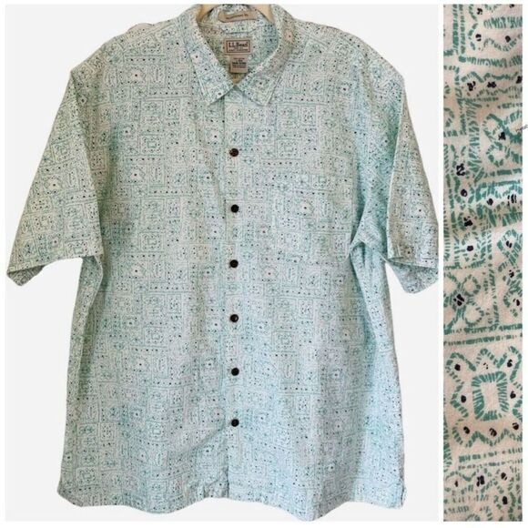 L.L. Bean Printed Aqua Blue White Short Sleeve Button Up Shirt Size Large 100% C - Picture 1 of 7